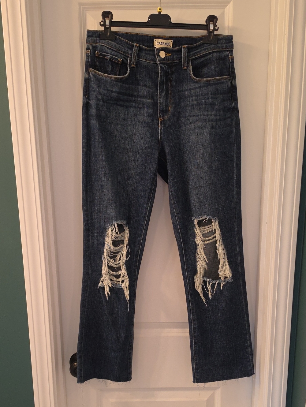 L'AGENCE Dark Blue Straight Leg Jeans with Distressed Knees
